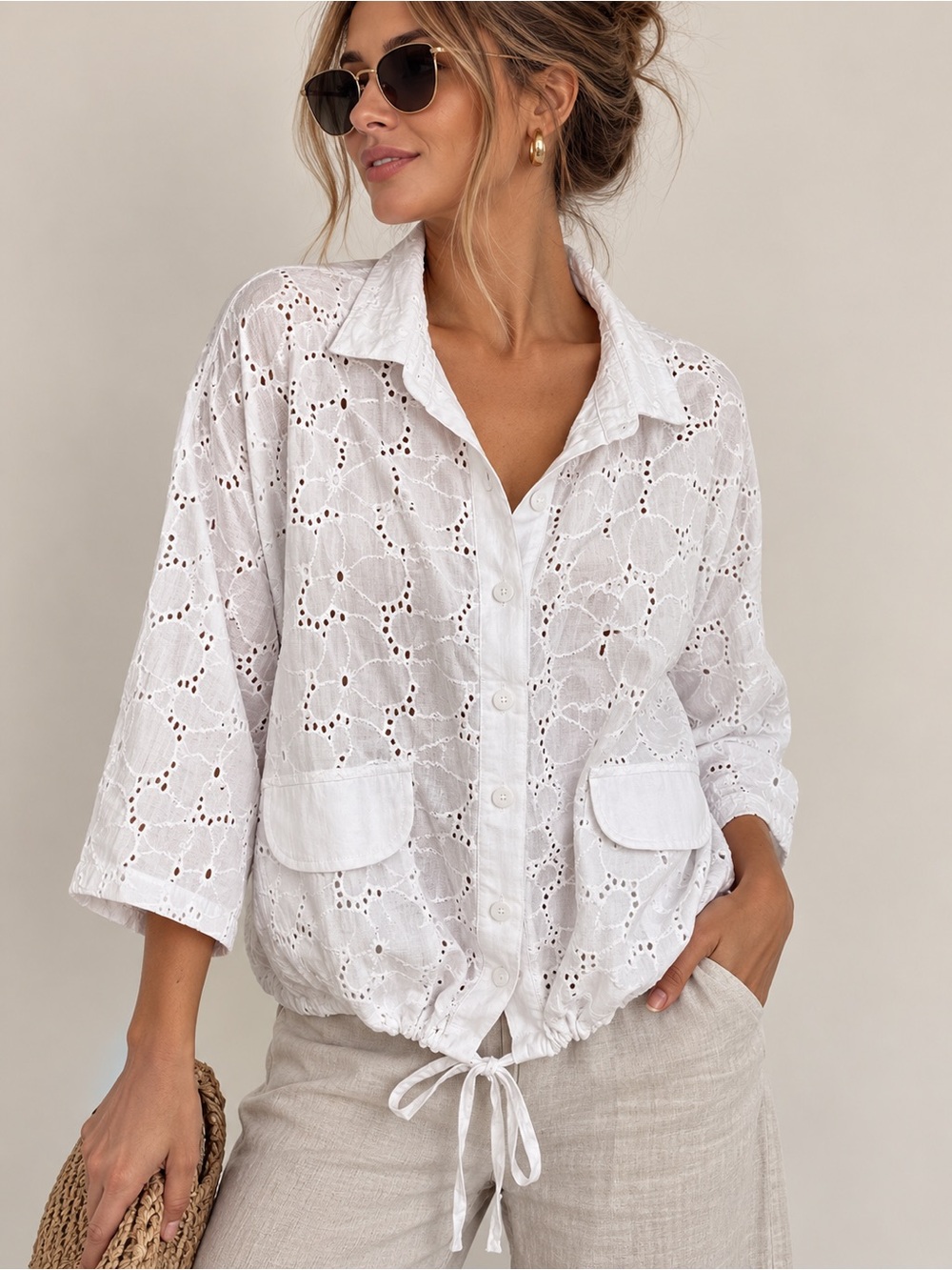 LOFT White Eyelet Button-Front Shirt Jacket with Drawstring
